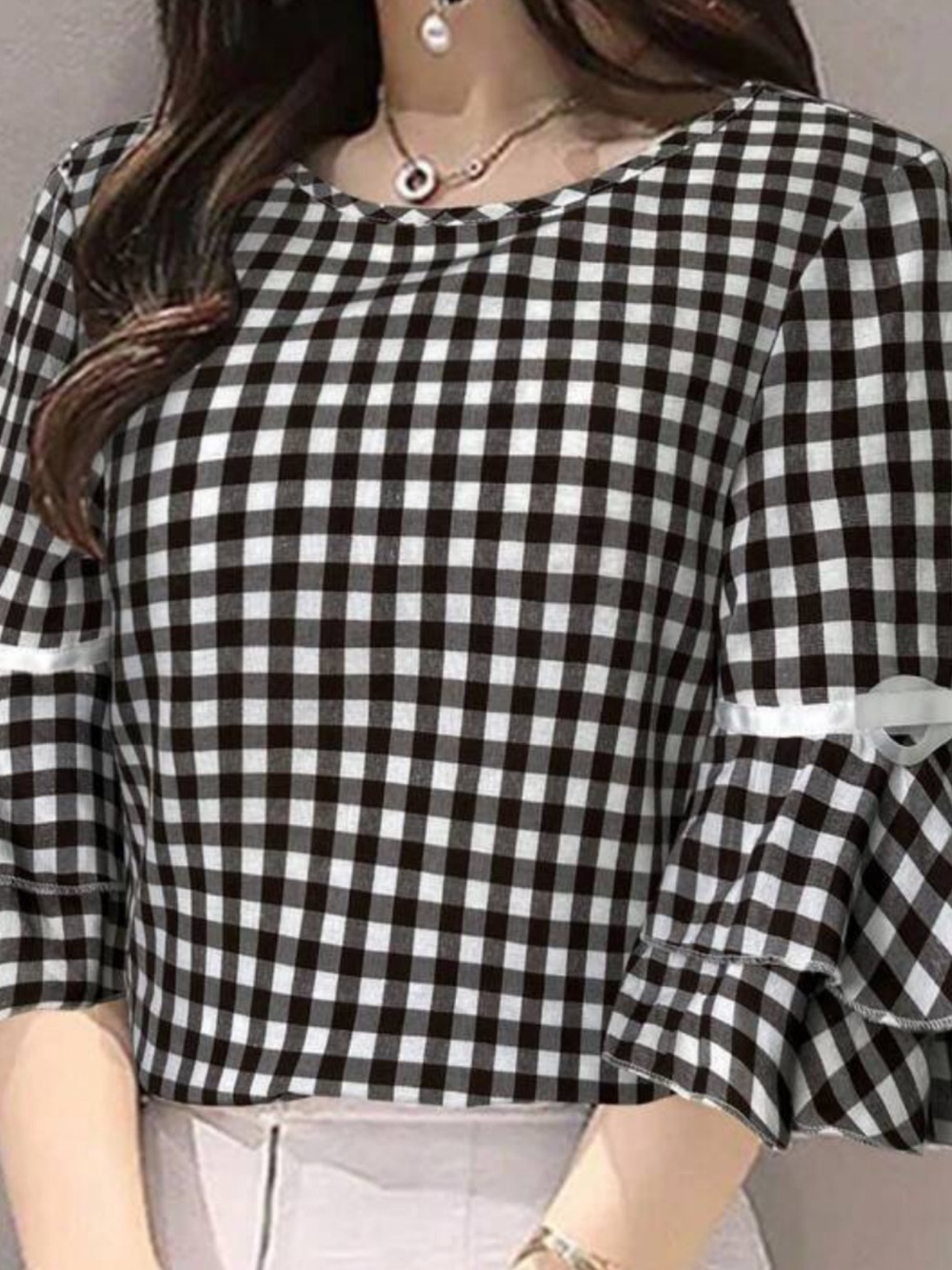 Checked Ruffle Sleeve Blouse in Black and White